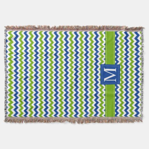 Blue and Green Chevron Pattern with Monogram Throw Blanket