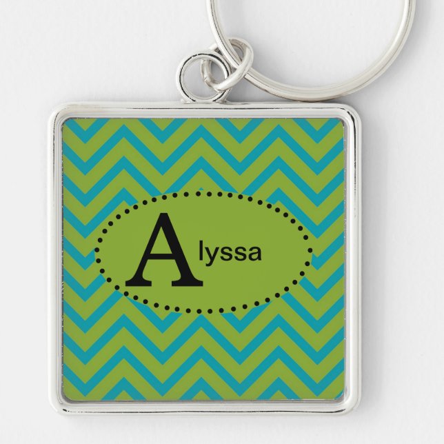 Blue and Green Chevron Personalized Keychain (Front)