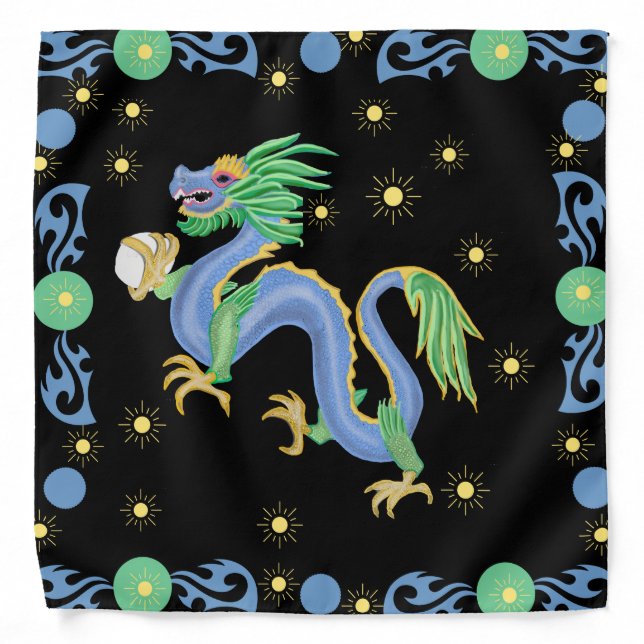 Blue and Green Chinese Dragon Bandana (Front)