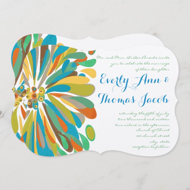 Blue and Green Chrysanthemum Wedding Invitation (Front/Back)
