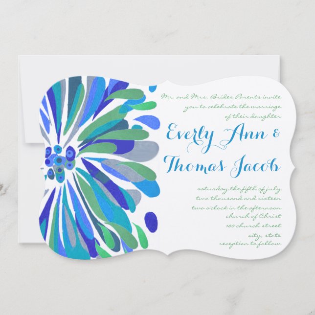 Blue and Green Chrysanthemum Wedding Invitation (Front)
