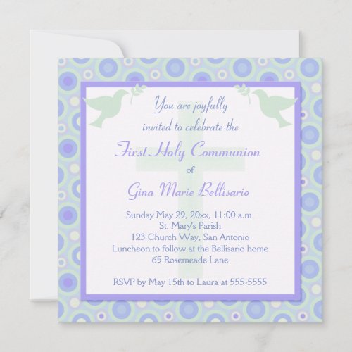 Blue and Green Circles First Communion Invitation