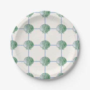 Blue and Green Clam Seashell Checkered Paper Plate