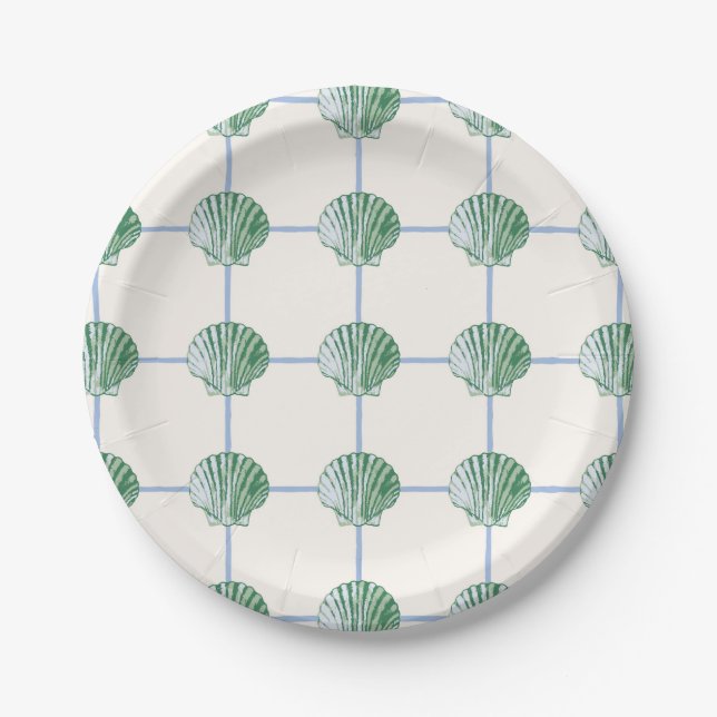 Blue and Green Clam Seashell Checkered Paper Plate (Front)