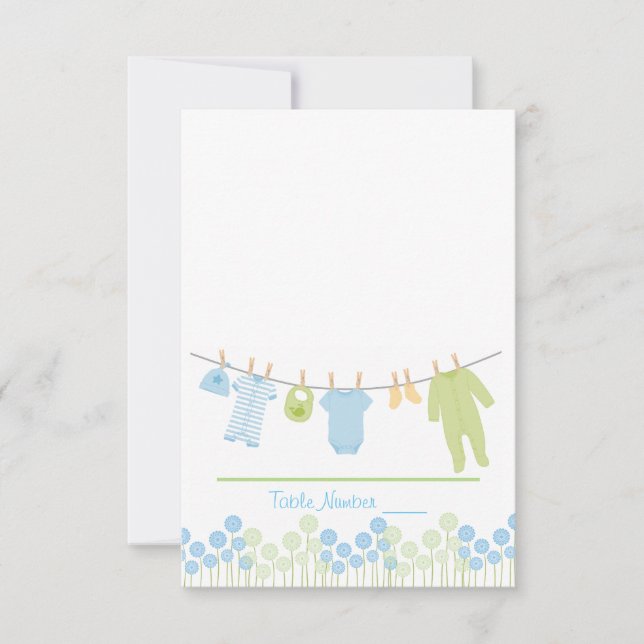Blue and Green Clothesline Baby Shower Escort Card (Front)