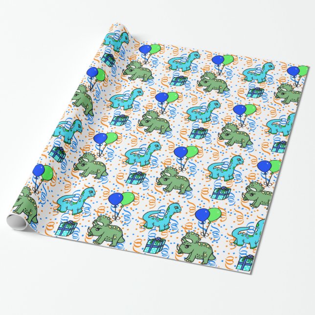 Blue and green Confetti Dinosaurs Birthday Wrapping Paper (Unrolled)