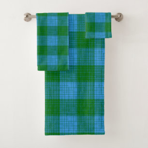 Blue and Green Crosshatch Checkered Design Bath Towel Set
