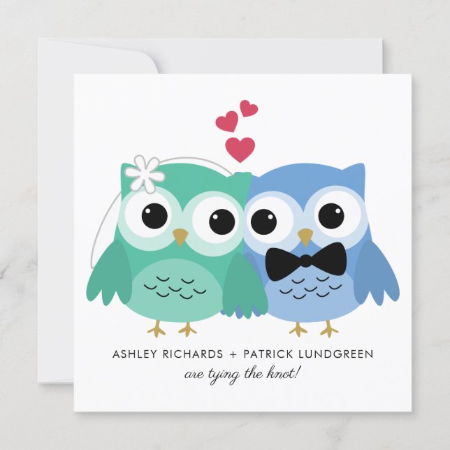 Blue and Green | Cute Owl Bride and Groom Wedding Invitation (Front)
