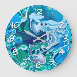 Blue and Green Digital Marble Fluid Art Large Clock