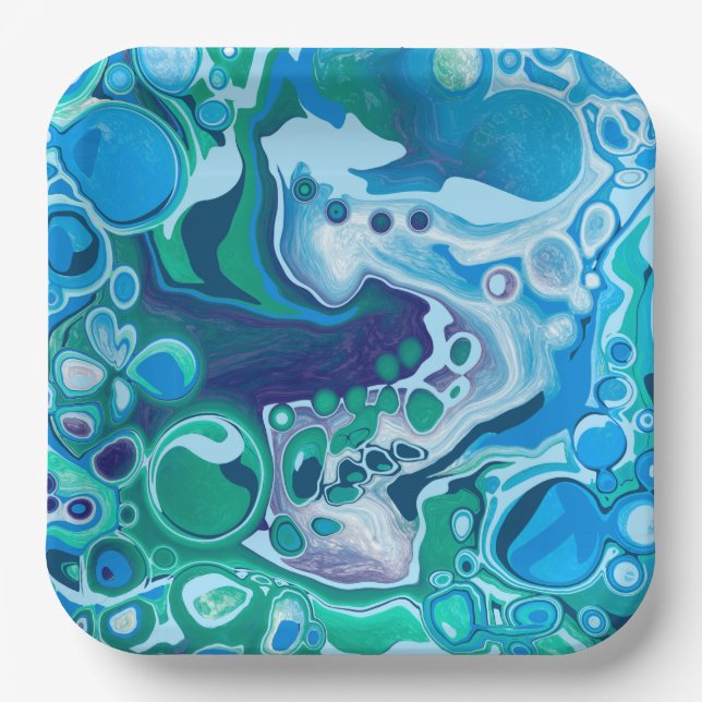 Blue and Green Digital Marble Fluid Art  Paper Pla Plates (Front)