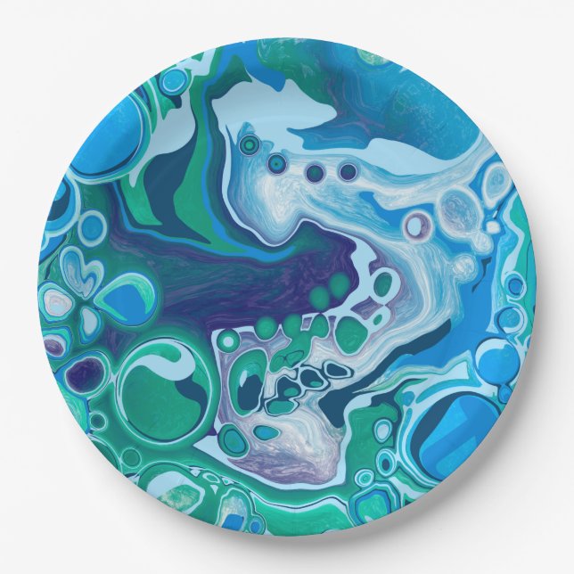 Blue and Green Digital Marble Fluid Art  Paper Plates (Front)