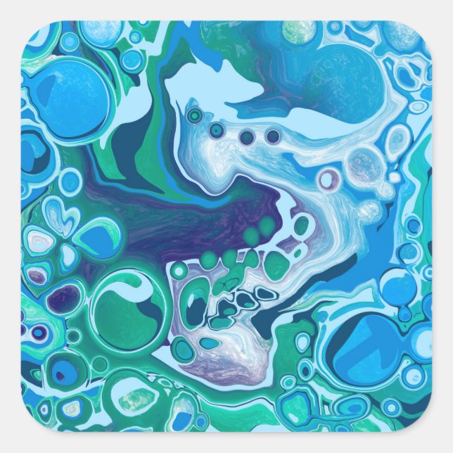 Blue and Green Digital Marble Fluid Art Square Sticker (Front)