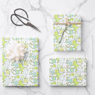 Blue And Green Dinosaur Birthday Wrapping Paper Sheets