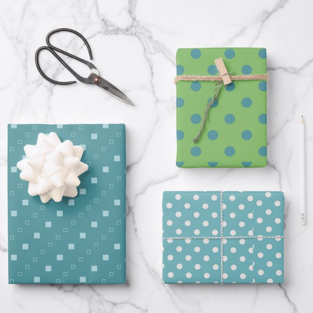 Blue and green dot design wrapping paper sheets (Front)