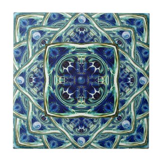 Blue and Green Earth Mandala Ceramic Tile