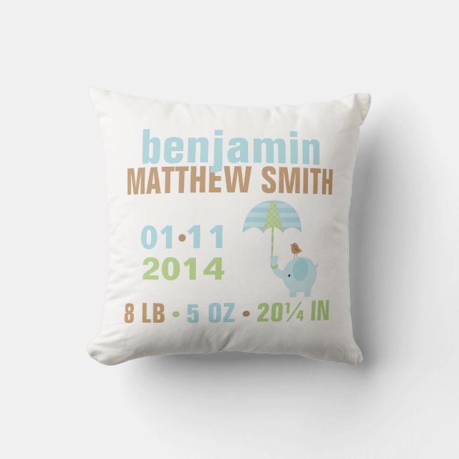 Blue and Green Elephant Baby Birth Announcement Throw Pillow (Front)