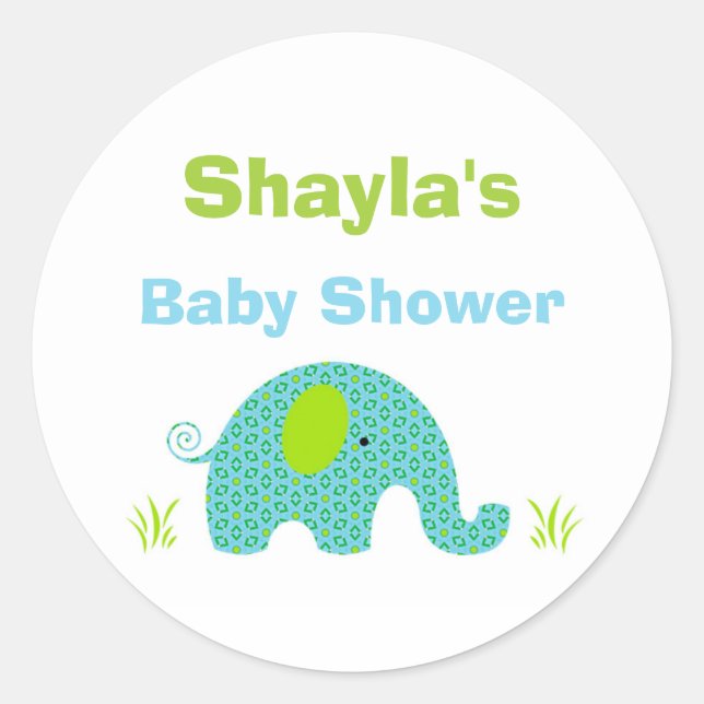 Blue and Green Elephant Baby Shower Favor Sticker (Front)