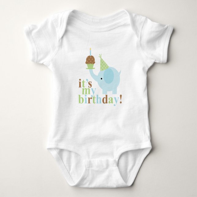 Blue and Green Elephant Birthday Baby Bodysuit (Front)