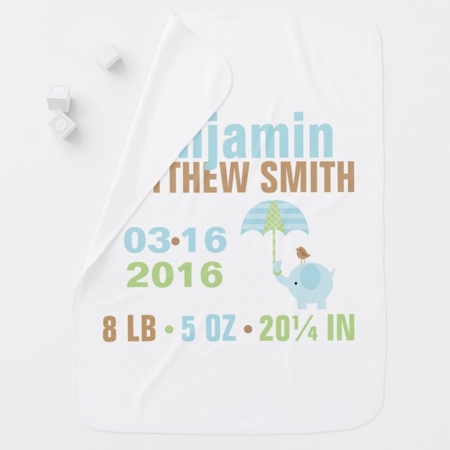 Blue and Green Elephants Baby Birth Announcement Swaddle Blanket (In Situ)