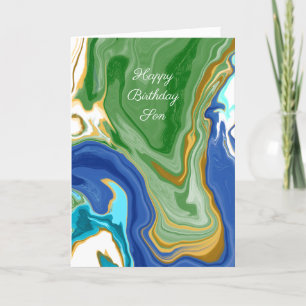 Blue and Green Faux Marble Personalized Birthday  Card