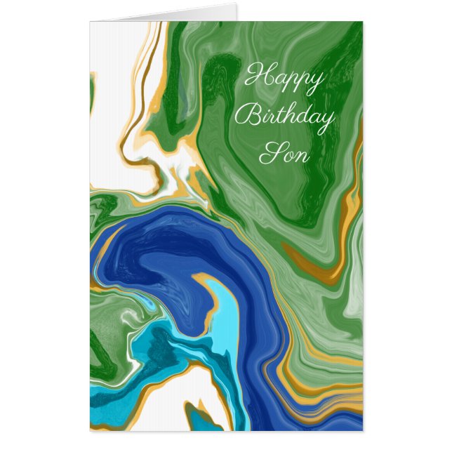 Blue and Green Faux Marble Personalized Birthday Card (Front)