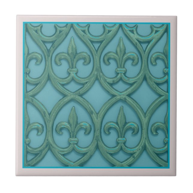 Blue And Green Fleur-de-lis Ceramic Tile (Front)