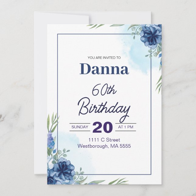 Blue and Green Floral 60th Birthday Invitation  (Front)