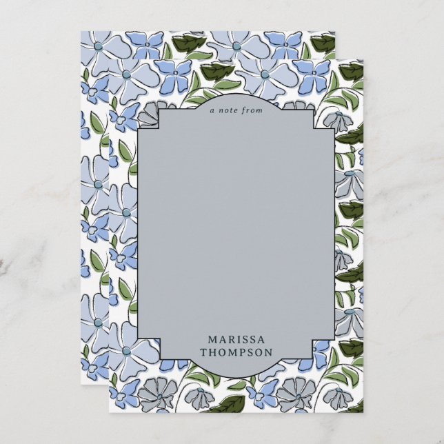 Blue and Green Floral Block Print Boy Birthday Note Card (Front/Back)