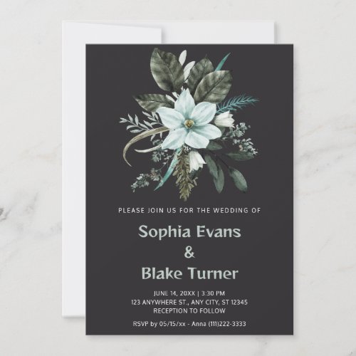 Blue and Green Floral Botanical Charcoal Wedding Invitation