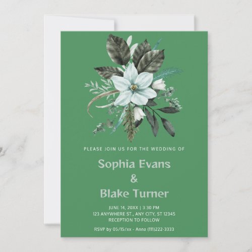 Blue and Green Floral Botanical Dark Green Wedding Invitation