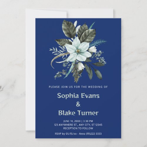 Blue and Green Floral Botanical Sapphire Wedding Invitation