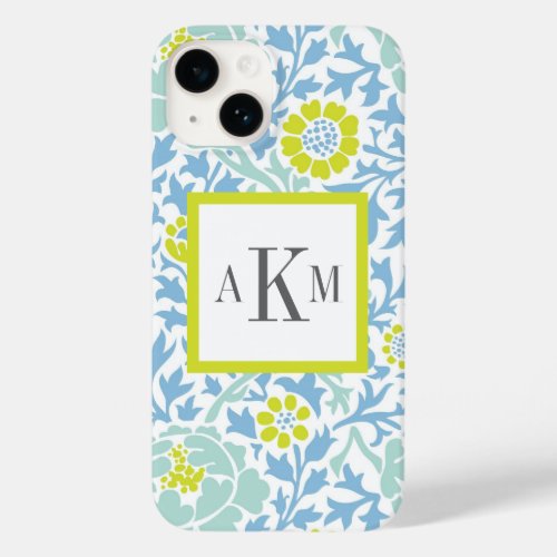 Blue and Green Floral Damask Custom Monogram Case_Mate iPhone 14 Case