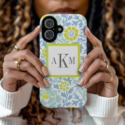 Blue and Green Floral Damask Custom Monogram iPhone 16 Case