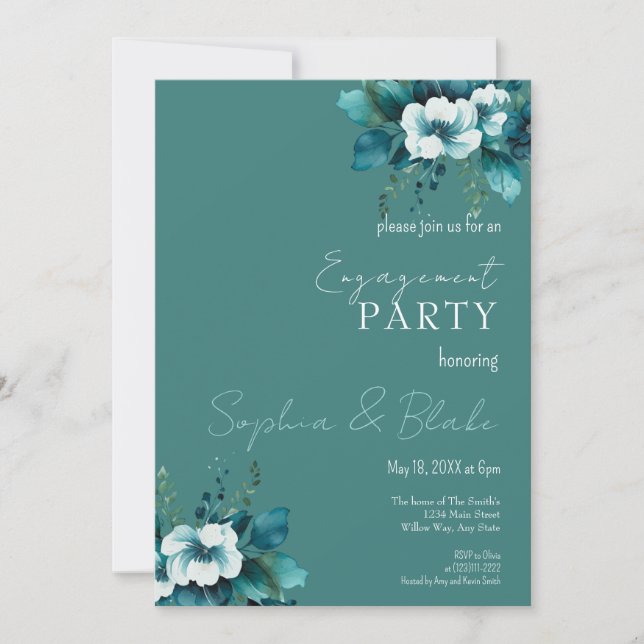 Blue and Green Floral Dark Green Engagement Party Invitation (Front)