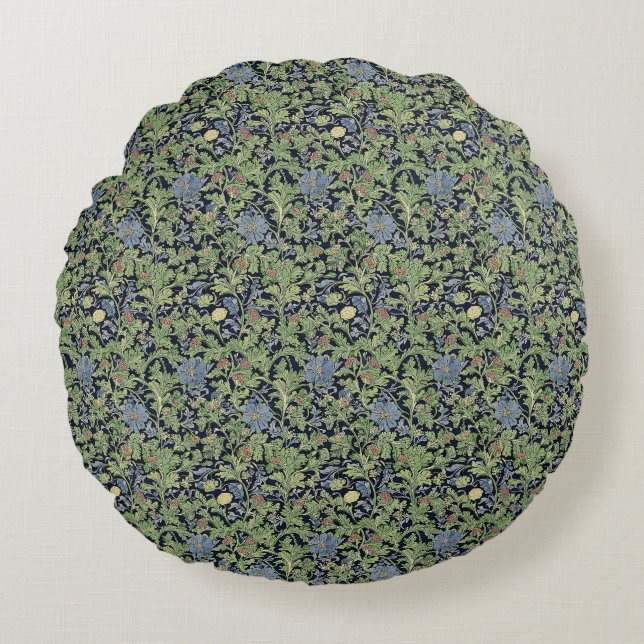 Blue and Green Floral Design Round Pillow (Front)