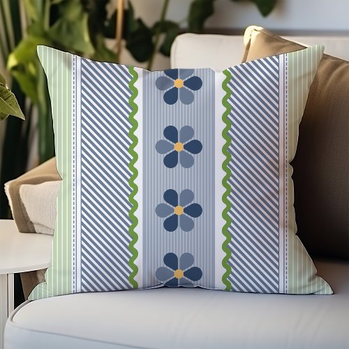 Blue and Green Floral Diagonal Stripes Throw Pillow
