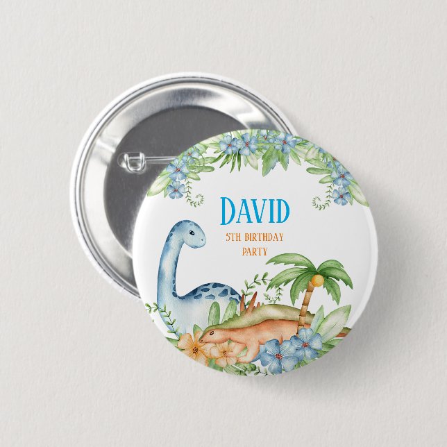Blue and Green floral Dinosaur birthday party Button (Front & Back)
