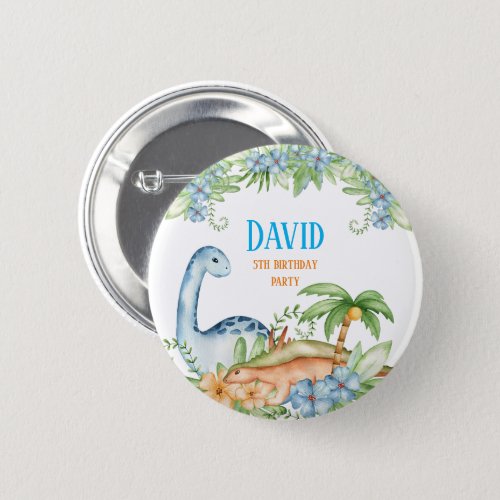 Blue and Green floral Dinosaur birthday party Button