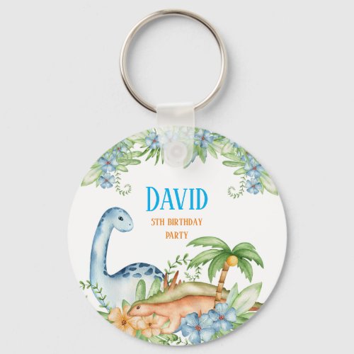 Blue and Green floral Dinosaur birthday party   Keychain