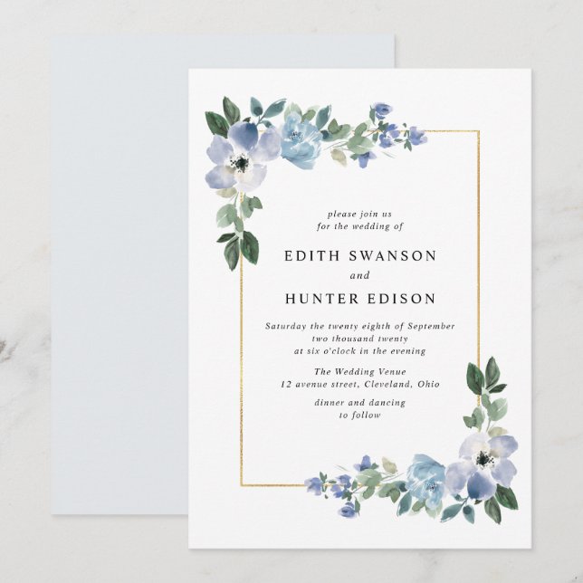 blue and green floral frame wedding invitation (Front/Back)