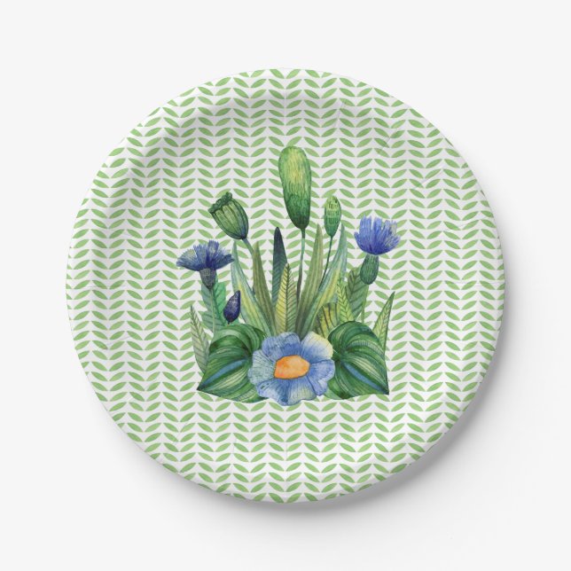 Blue And Green Floral Garden Paper Plates (Front)