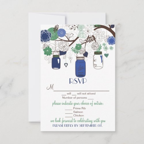 Blue and Green Floral Mason Jars RSVP Wedding Card