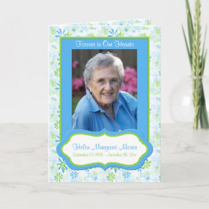 Blue and Green Floral Memorial Card with Photo