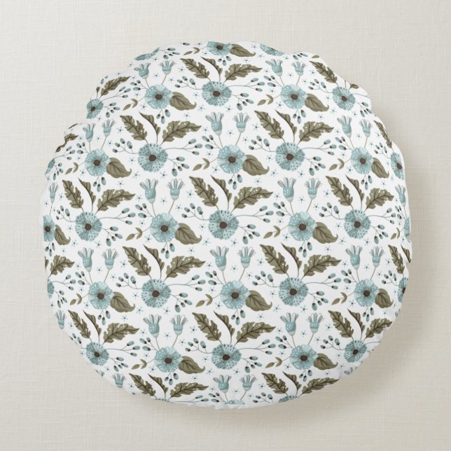 Blue and Green Floral Round Pillow (Front)