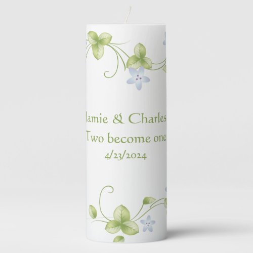 Blue and Green Floral Vines Custom Wedding Pillar Candle