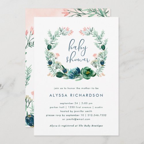 Blue and Green Floral Watercolor  Baby Shower Invitation