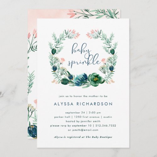 Blue and Green Floral Watercolor  Baby Sprinkle Invitation