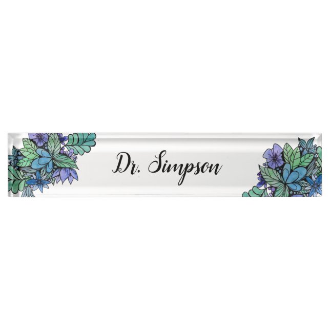 Blue and green floral watercolour art desk name plate (Front)