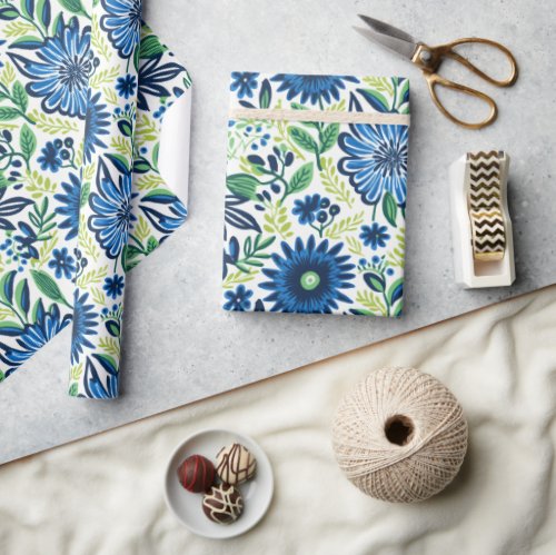 Blue And Green Floral  Wrapping Paper