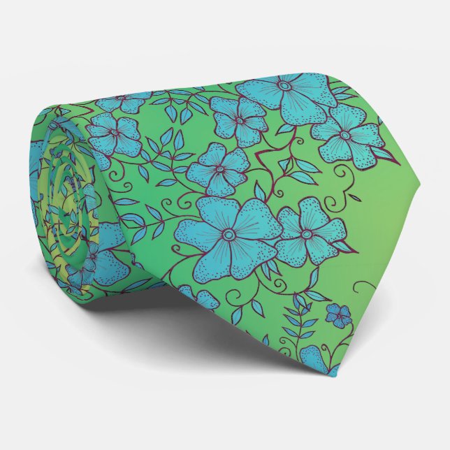 Blue and Green Flower Pattern Neck Tie (Rolled)